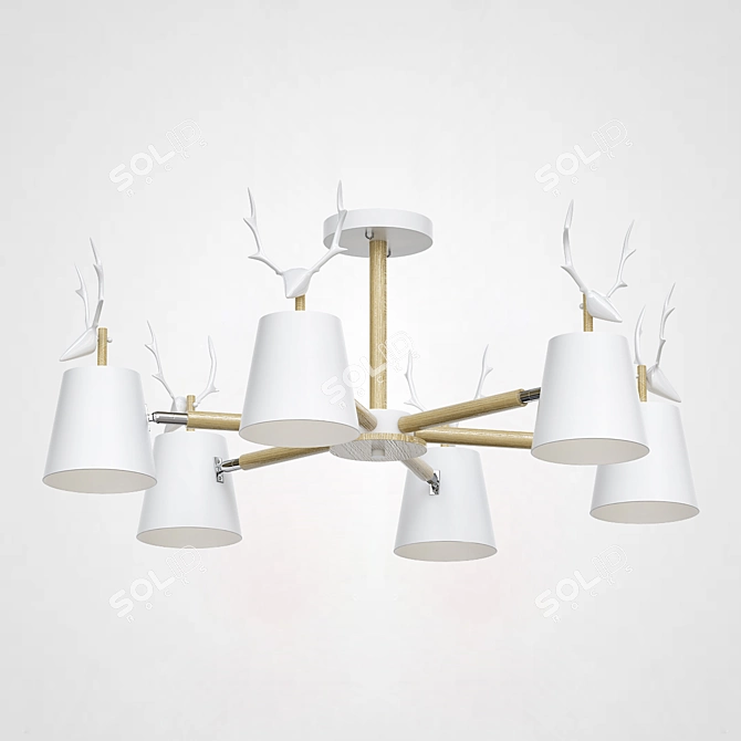 Scandinavian Eco-Style Chandelier with Wooden Frame and Deer Horn Accents 3D model image 3