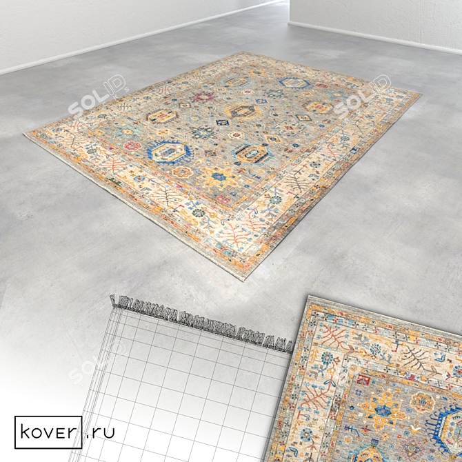 Title: WAZIR GRAY-BRN Ethnic Wool Carpet 3D model image 2