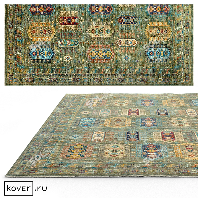 WAZIR Ethnic Green Wool Carpet 3D model image 1