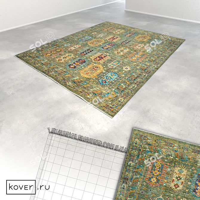 WAZIR Ethnic Green Wool Carpet 3D model image 2