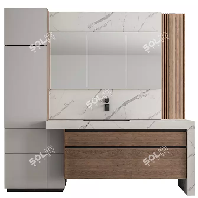 Elegant Stone & Wood Bathroom Set 3D model image 1