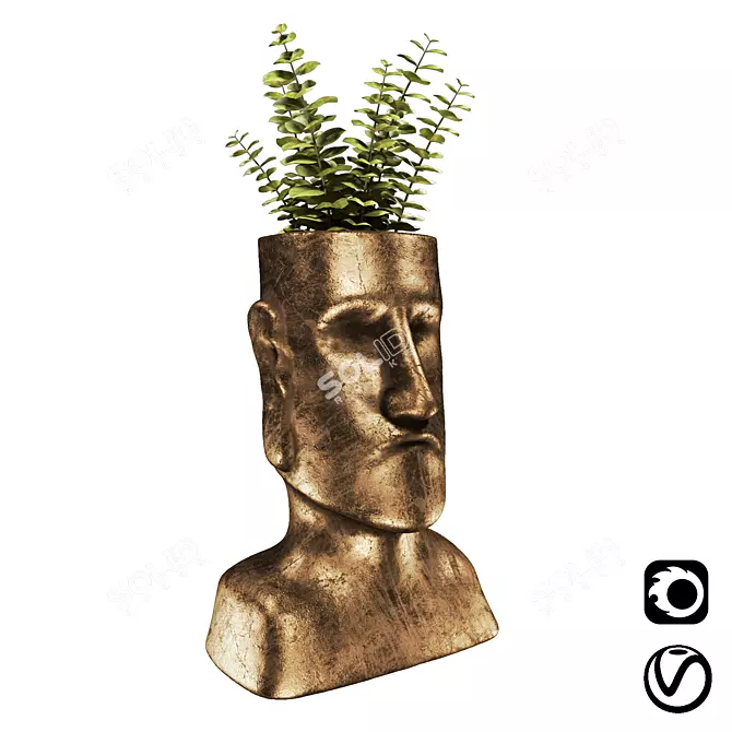 Ancient Easter Island: Bronze Statue with Plant 3D model image 1