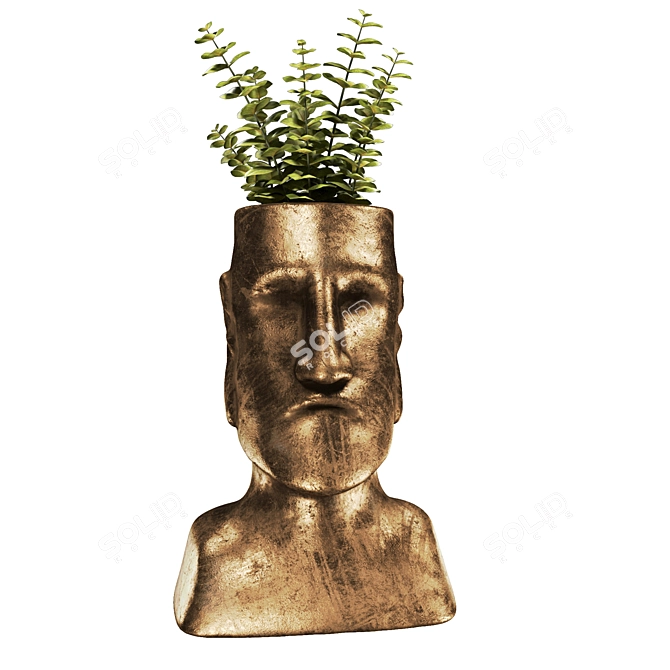 Ancient Easter Island: Bronze Statue with Plant 3D model image 2