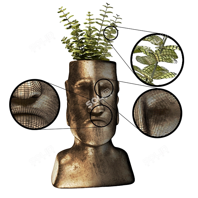 Ancient Easter Island: Bronze Statue with Plant 3D model image 3