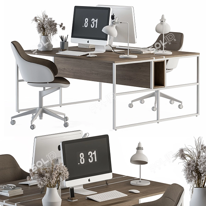 White Wood Office Furniture Set - Employee 50 3D model image 1