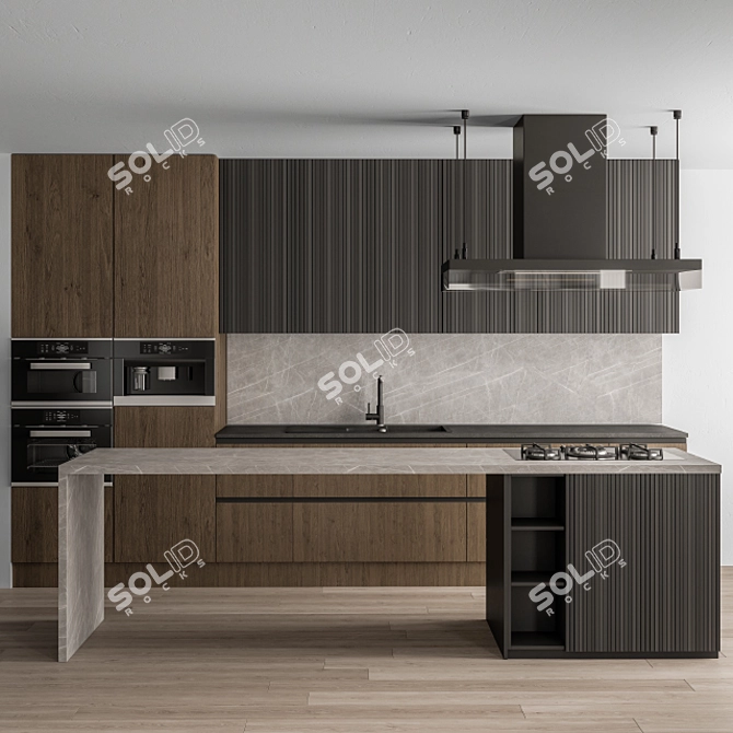 Sleek Black and Wood Kitchen 3D model image 1