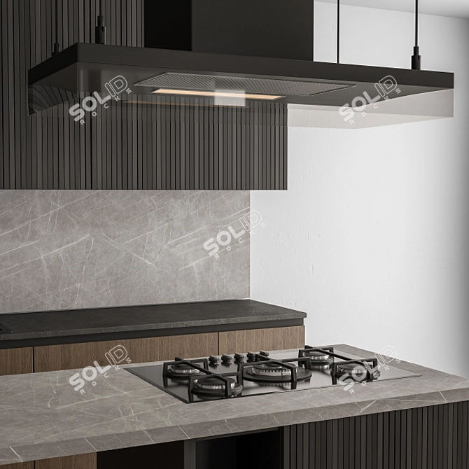 Sleek Black and Wood Kitchen 3D model image 2