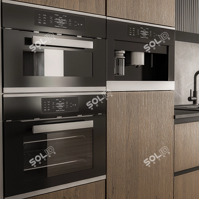 Sleek Black and Wood Kitchen 3D model image 3