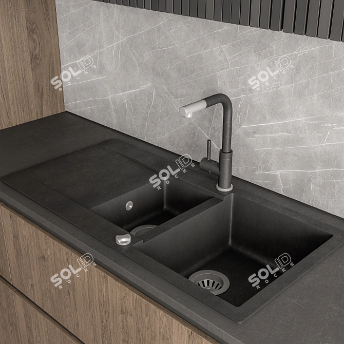 Sleek Black and Wood Kitchen 3D model image 4