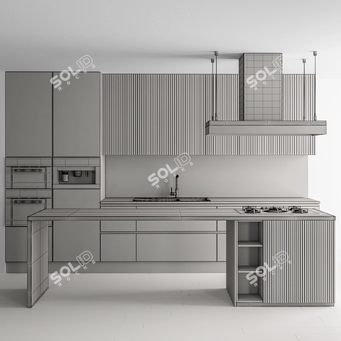 Sleek Black and Wood Kitchen 3D model image 5