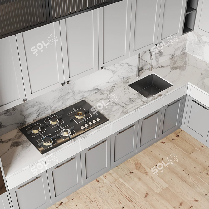 Modern Kitchen Set with Gas Hob, Oven, Coffee Machine, Wine Fridge, Sink and Hood 3D model image 3