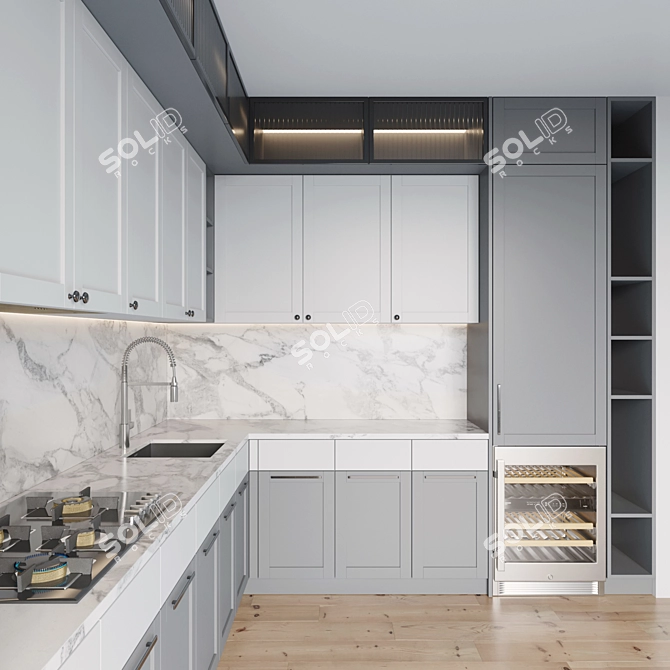 Modern Kitchen Set with Gas Hob, Oven, Coffee Machine, Wine Fridge, Sink and Hood 3D model image 4