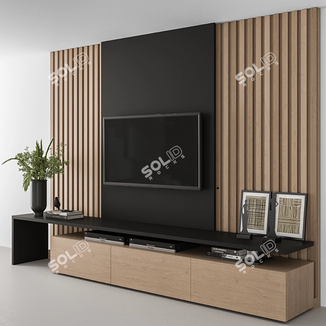 Sleek Black Wood TV Wall 3D model image 1