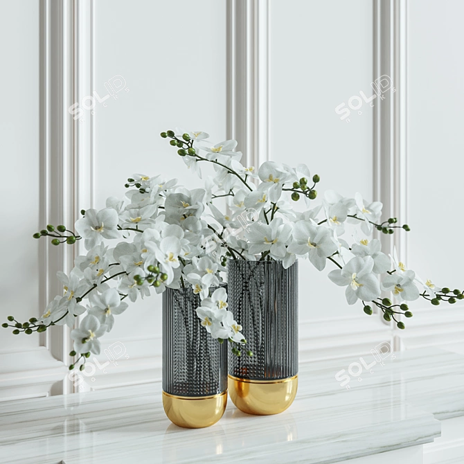Elegant Orchid Flower & Vase Set 3D model image 2