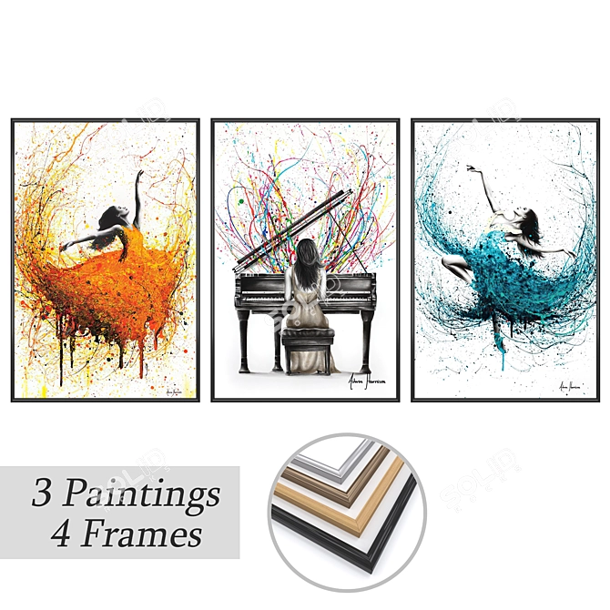 Elegant Framed Paintings Set 3D model image 1