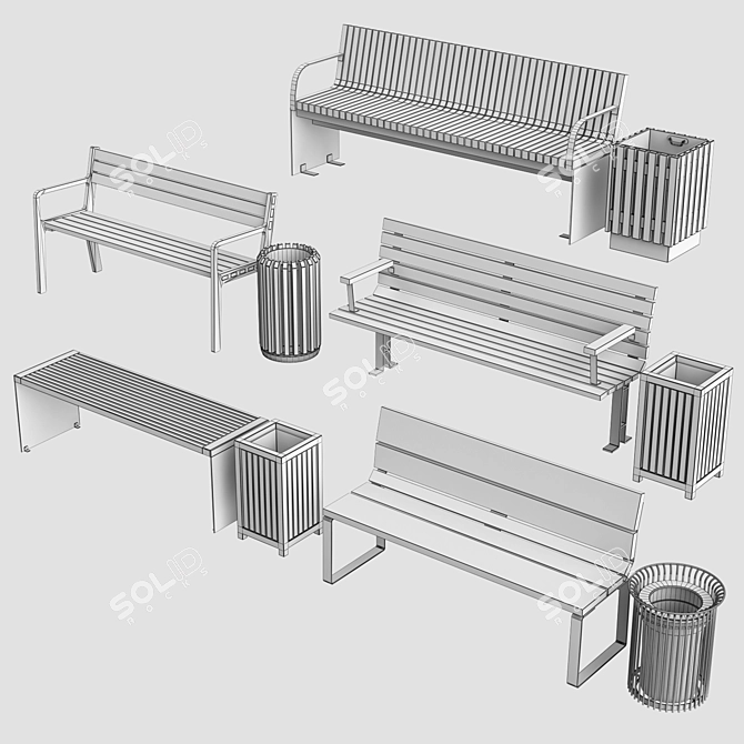 Nola 1: Street Benches with Trash Cans 3D model image 7