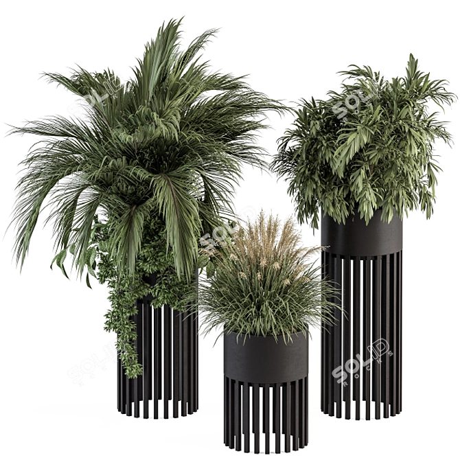 Black Pot Plant Set - Indoor Plant Set with Round Stand 3D model image 1