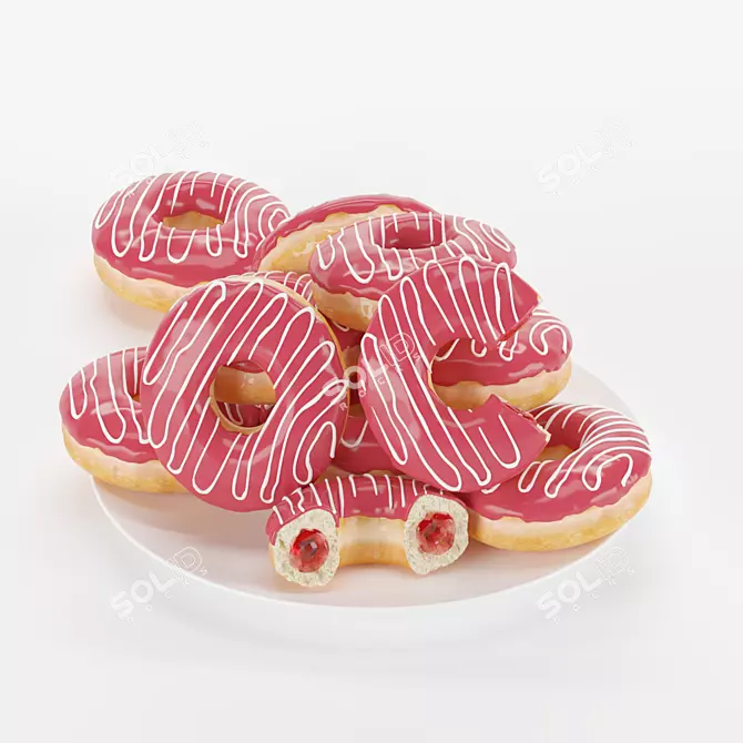 Delicious Strawberry-Filled Donuts on Plate 3D model image 1