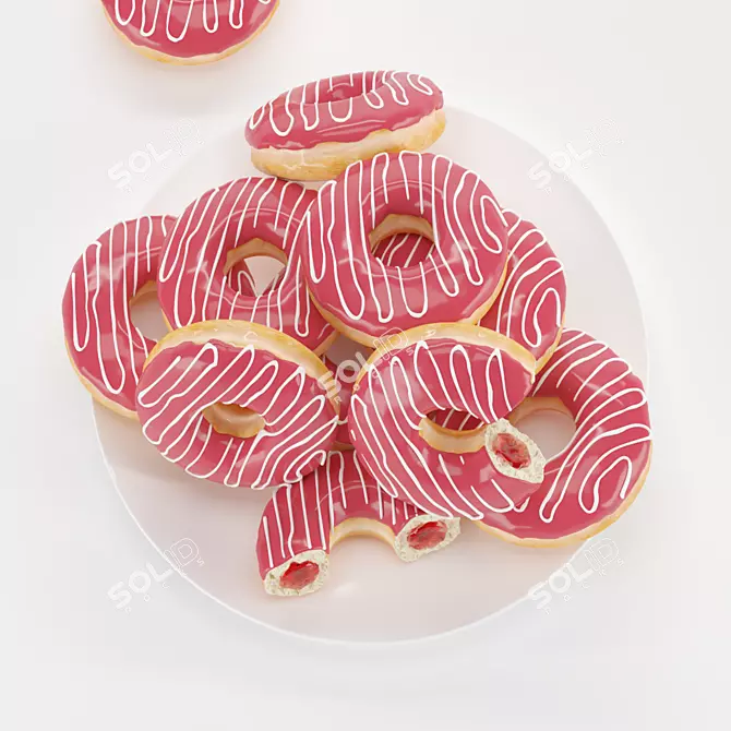 Delicious Strawberry-Filled Donuts on Plate 3D model image 3