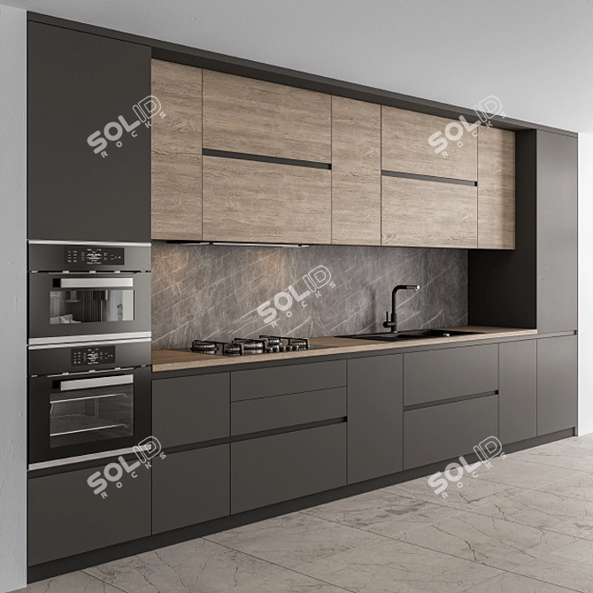 Sleek Black and Wood Kitchen 3D model image 1