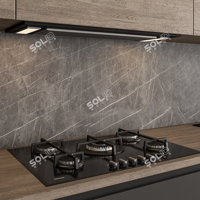 Sleek Black and Wood Kitchen 3D model image 2