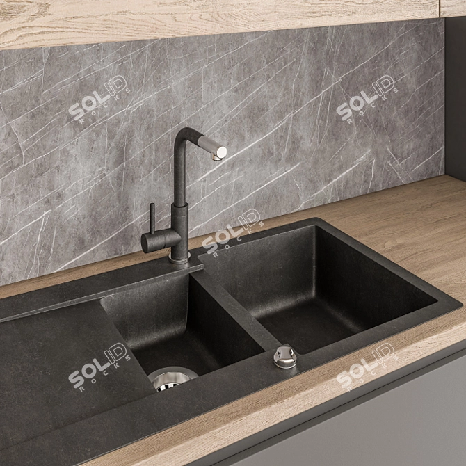 Sleek Black and Wood Kitchen 3D model image 3