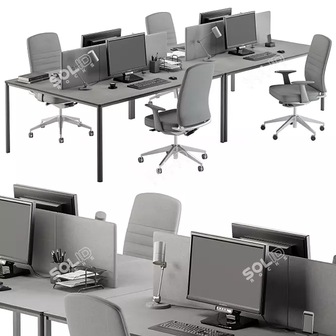 Gray Employee Desk Set 3D model image 1