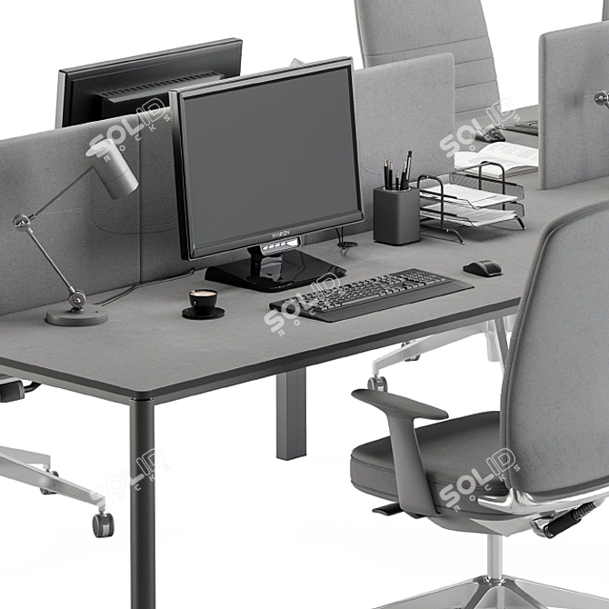 Gray Employee Desk Set 3D model image 4