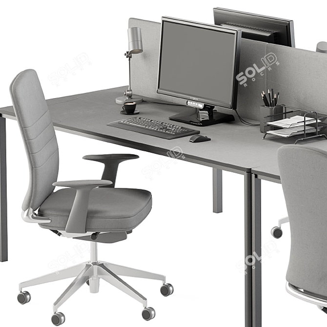 Gray Employee Desk Set 3D model image 5