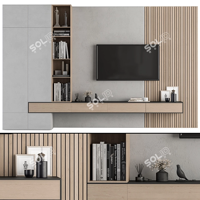 Stylish TV Wall Set - Wood & Concrete 3D model image 1