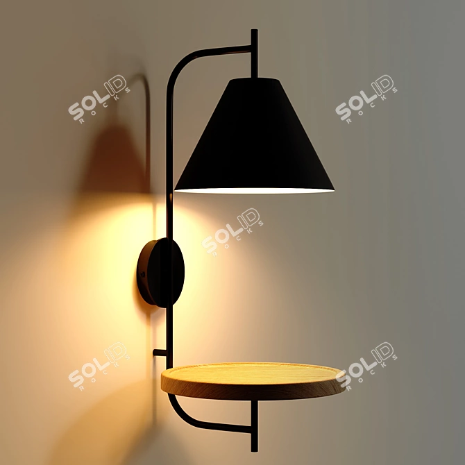 Industrial Wall Lamp with Metal and Wood Shelf 3D model image 3