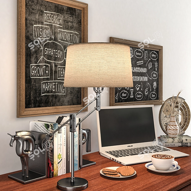 Modern Office Essentials: Laptop, Books, Decor 3D model image 3