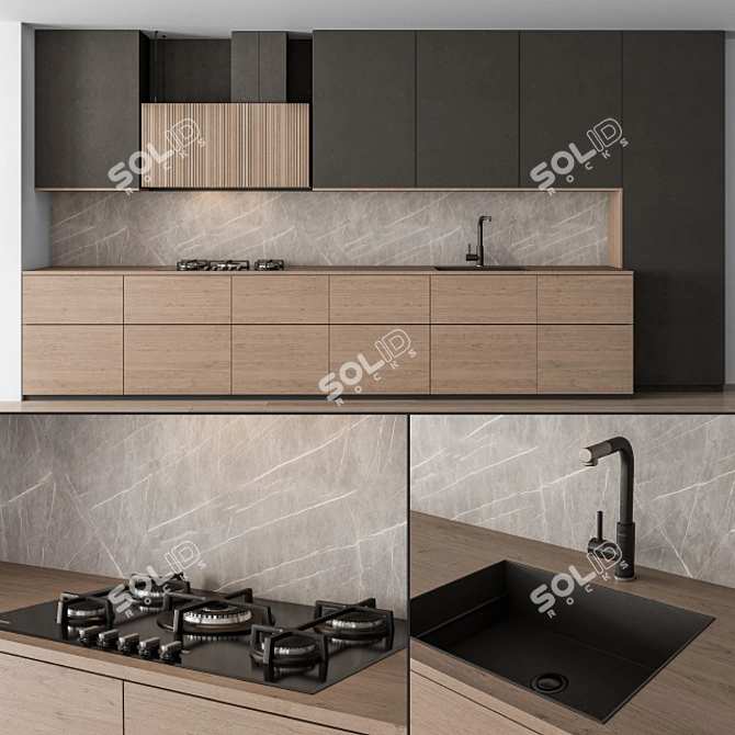 Sleek Black Wood Kitchen -76 3D model image 1