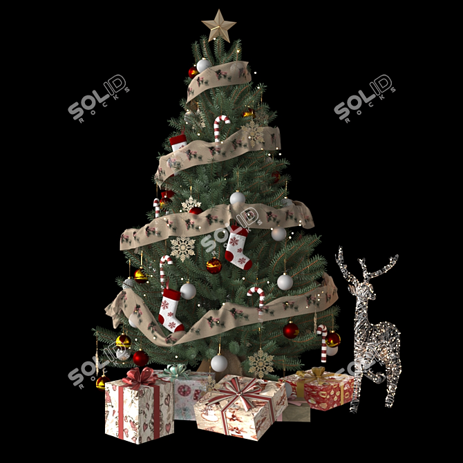 Festive Christmas Tree with Gifts and Ornaments 3D model image 1