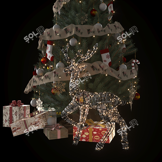 Festive Christmas Tree with Gifts and Ornaments 3D model image 2