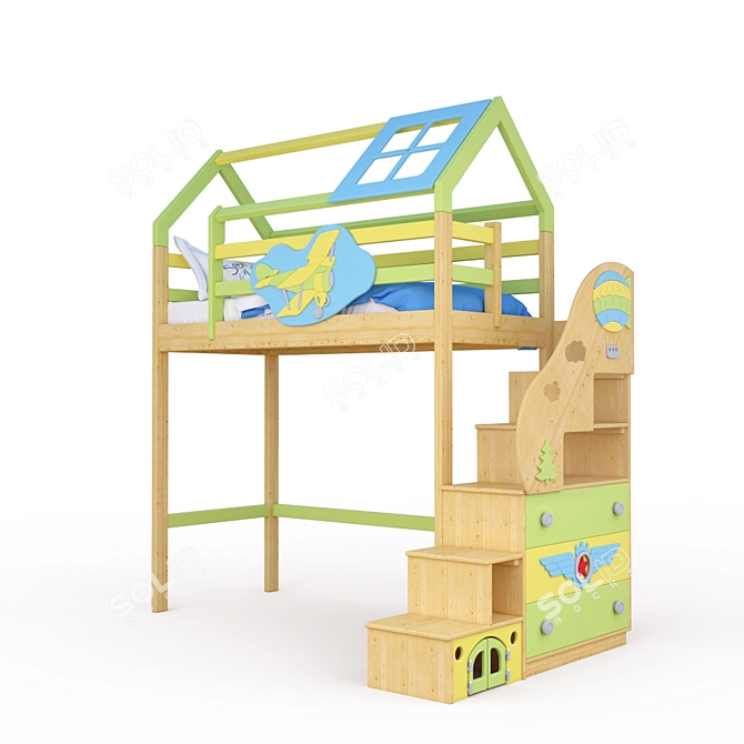 Aviator Kids Bed-House with Ladder 3D model image 1