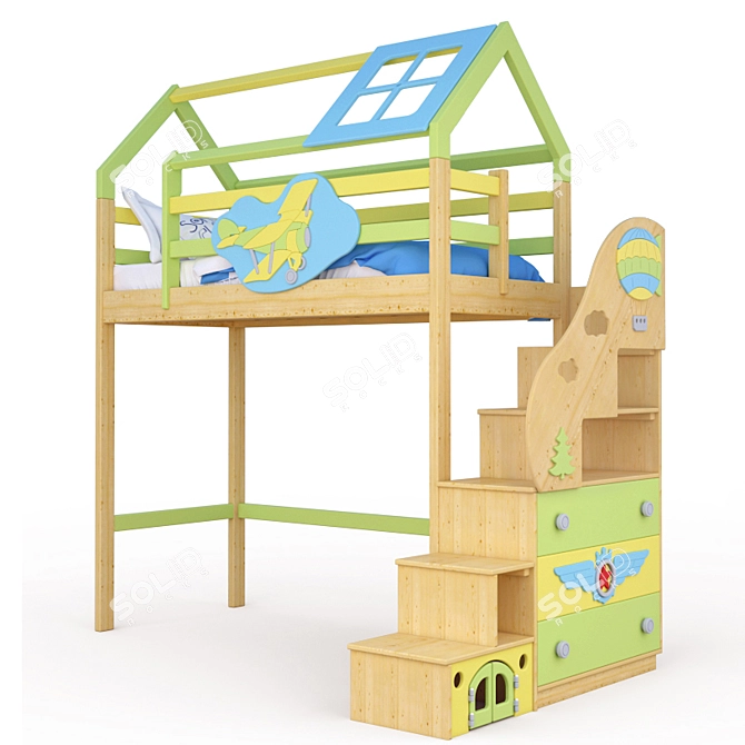 Aviator Kids Bed-House with Ladder 3D model image 4