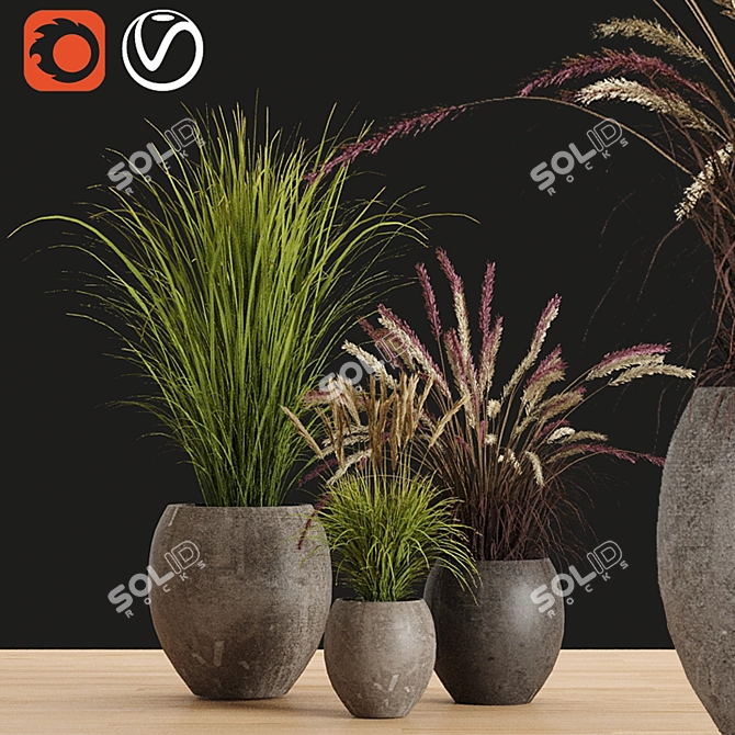 Faux Pampas & Grass Pot Trio 3D model image 1