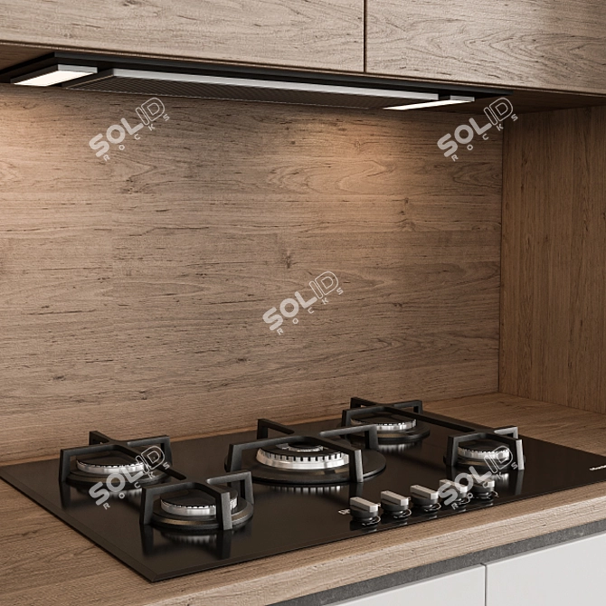 Sleek White and Wood L-Shape Kitchen Cabinets 3D model image 2