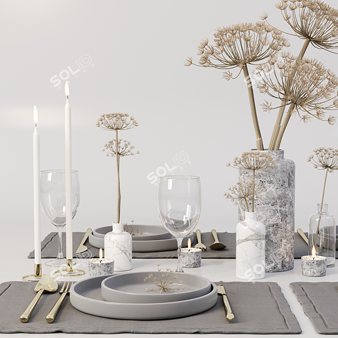 Elegant Table Set: Dry Flower Decor 3D model image 2