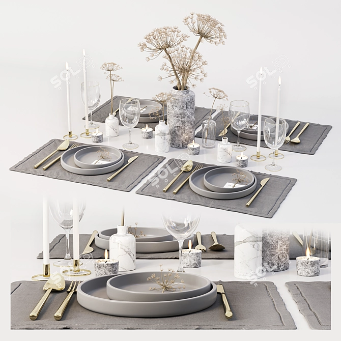 Elegant Table Set: Dry Flower Decor 3D model image 6