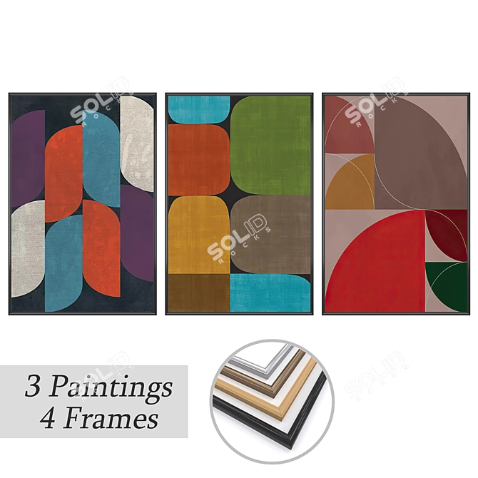 Elegant Set of 3 Paintings with Multiple Frame Options 3D model image 1