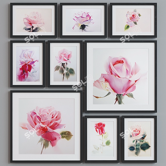 Modern Rose Watercolor Picture Frame Set 3D model image 2