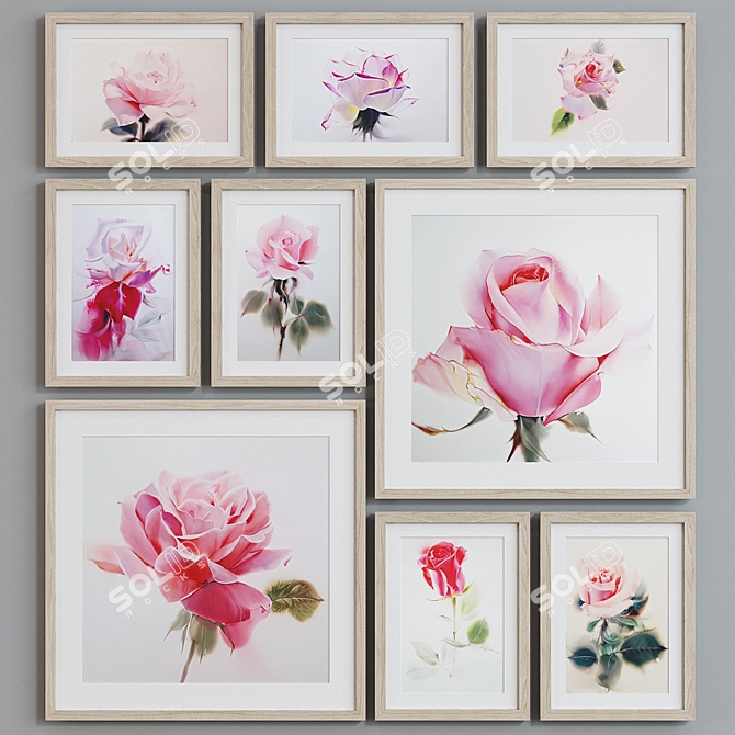 Modern Rose Watercolor Picture Frame Set 3D model image 3