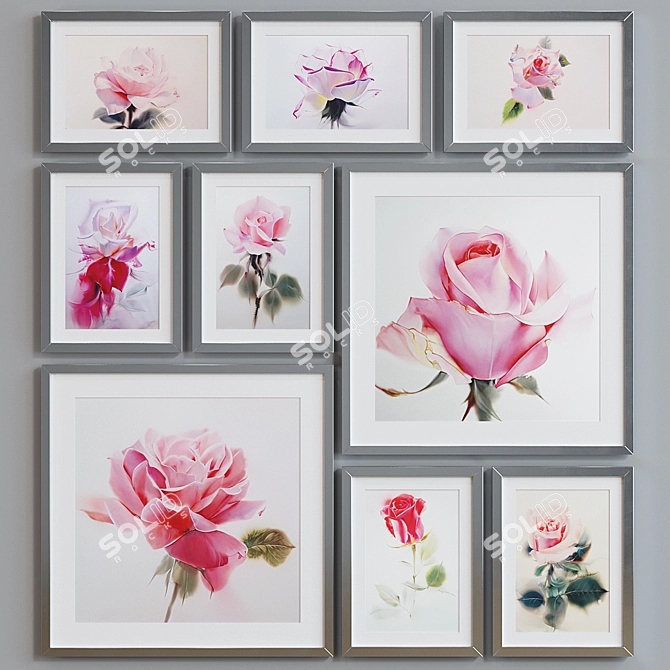 Modern Rose Watercolor Picture Frame Set 3D model image 5