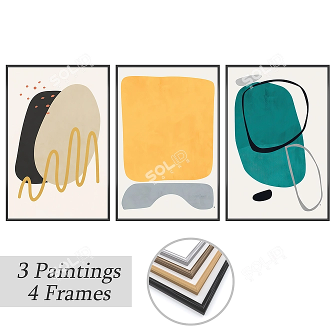 Elegant Trio: Framed Paintings Set 3D model image 1