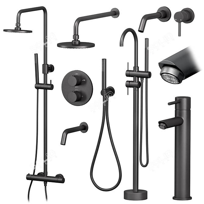 Lusso Matte Black Faucets & Shower Set 3D model image 1