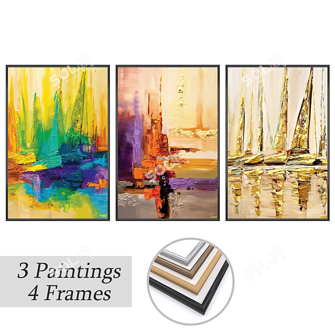 Elegant Art Set: 3 Paintings with 4 Frame Options 3D model image 1