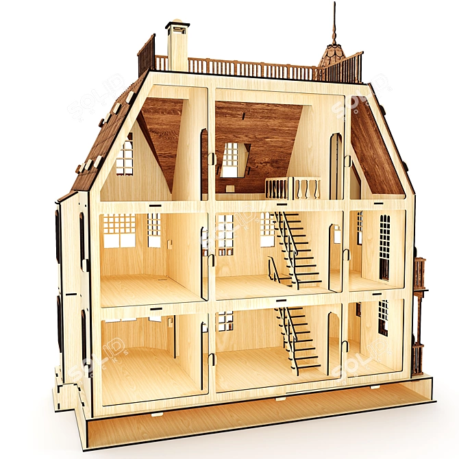 Wooden Dollhouse Villa 3D model image 3