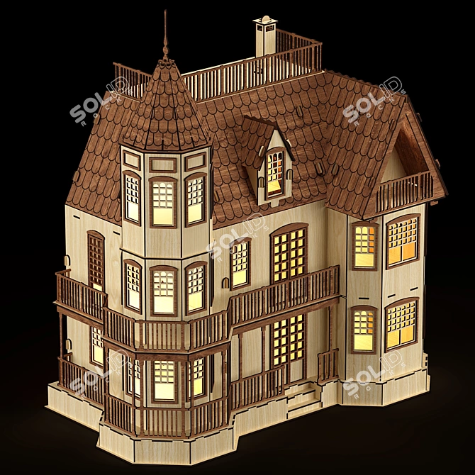Wooden Dollhouse Villa 3D model image 4